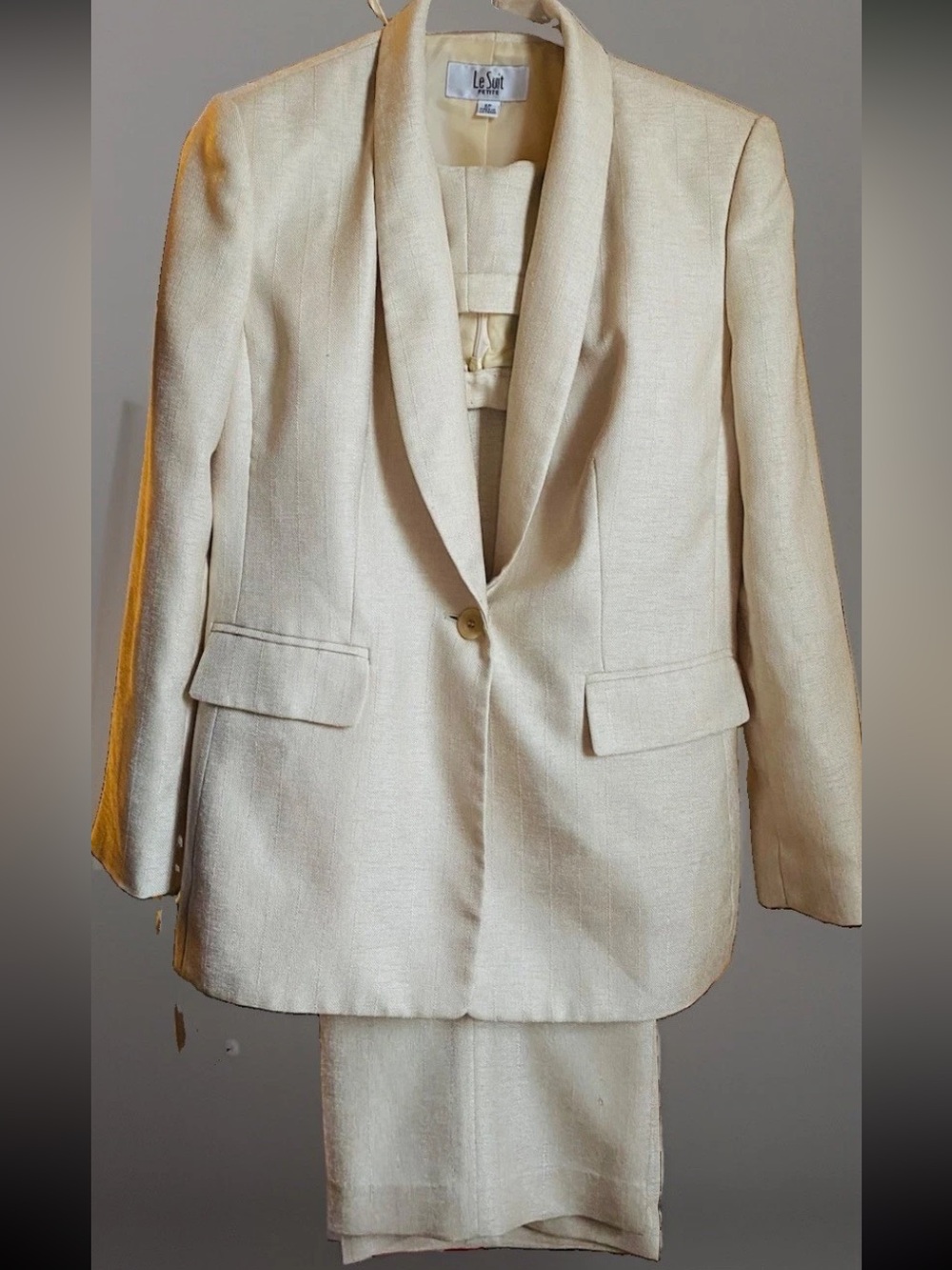 Le Suit Pale Yellow Linen Silky Pants One Button Suit Size 8P Petite Lined